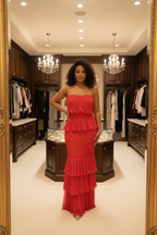 Bright Red Ruffle Maxi - Over Shoulder