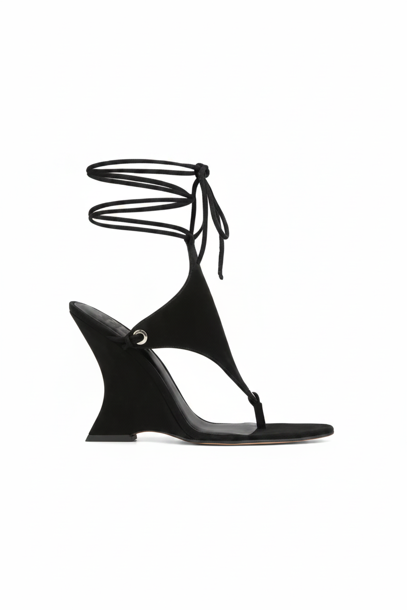 Cleo Ankle Wrap Wedge Sandals – Black