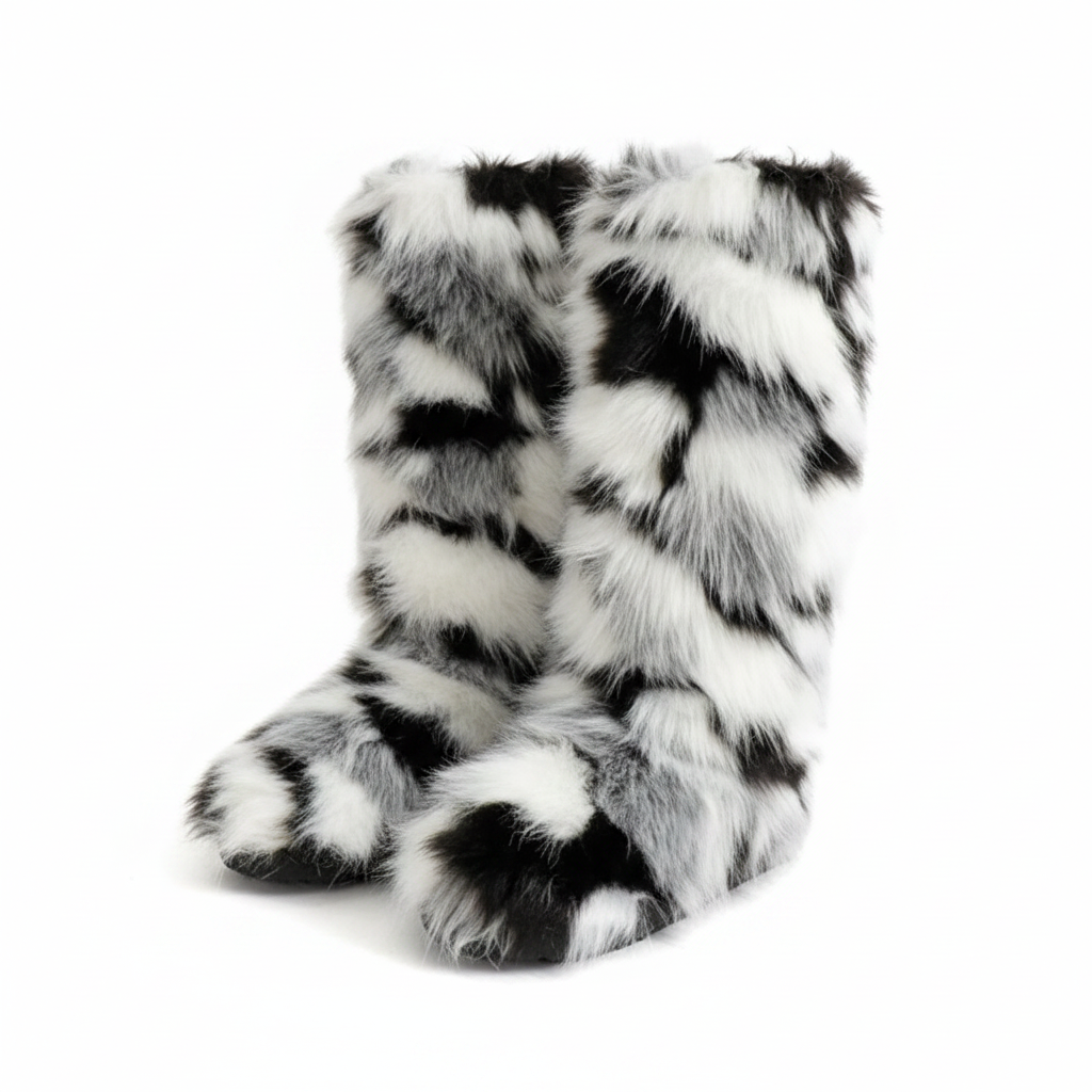 Cow Print Faux Fur Boots 3/4 Angle