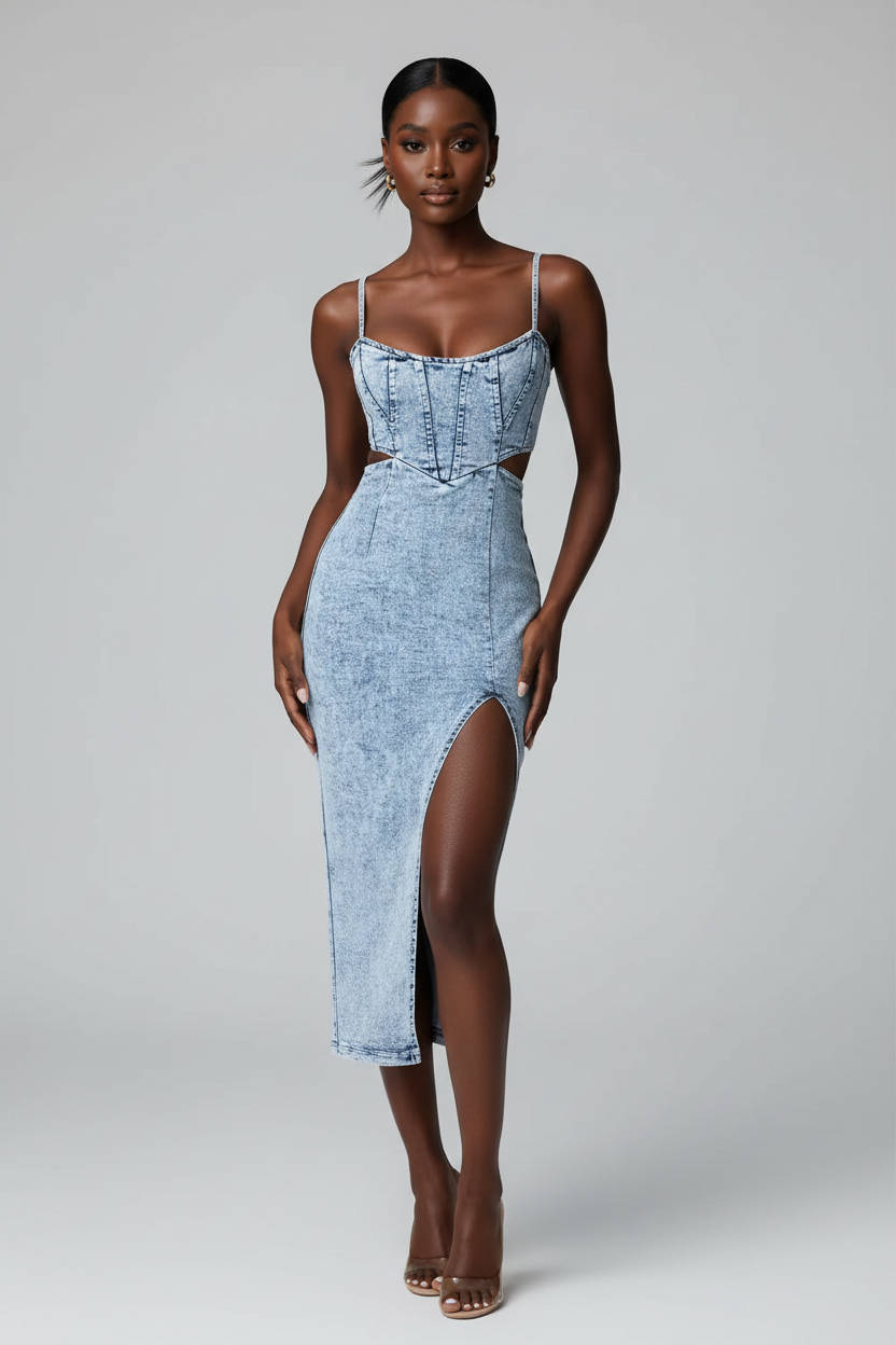 Cutout Slit Spaghetti Strap Denim Dress - AI Model Shot