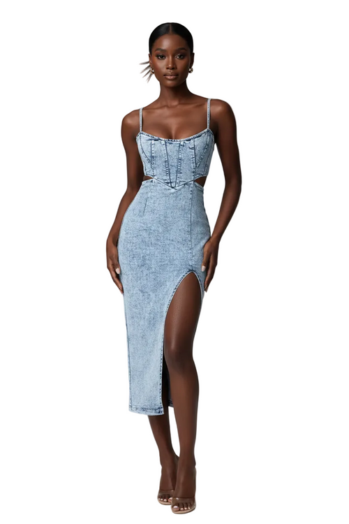 Cutout Slit Spaghetti Strap Denim Dress - AI Model Shot