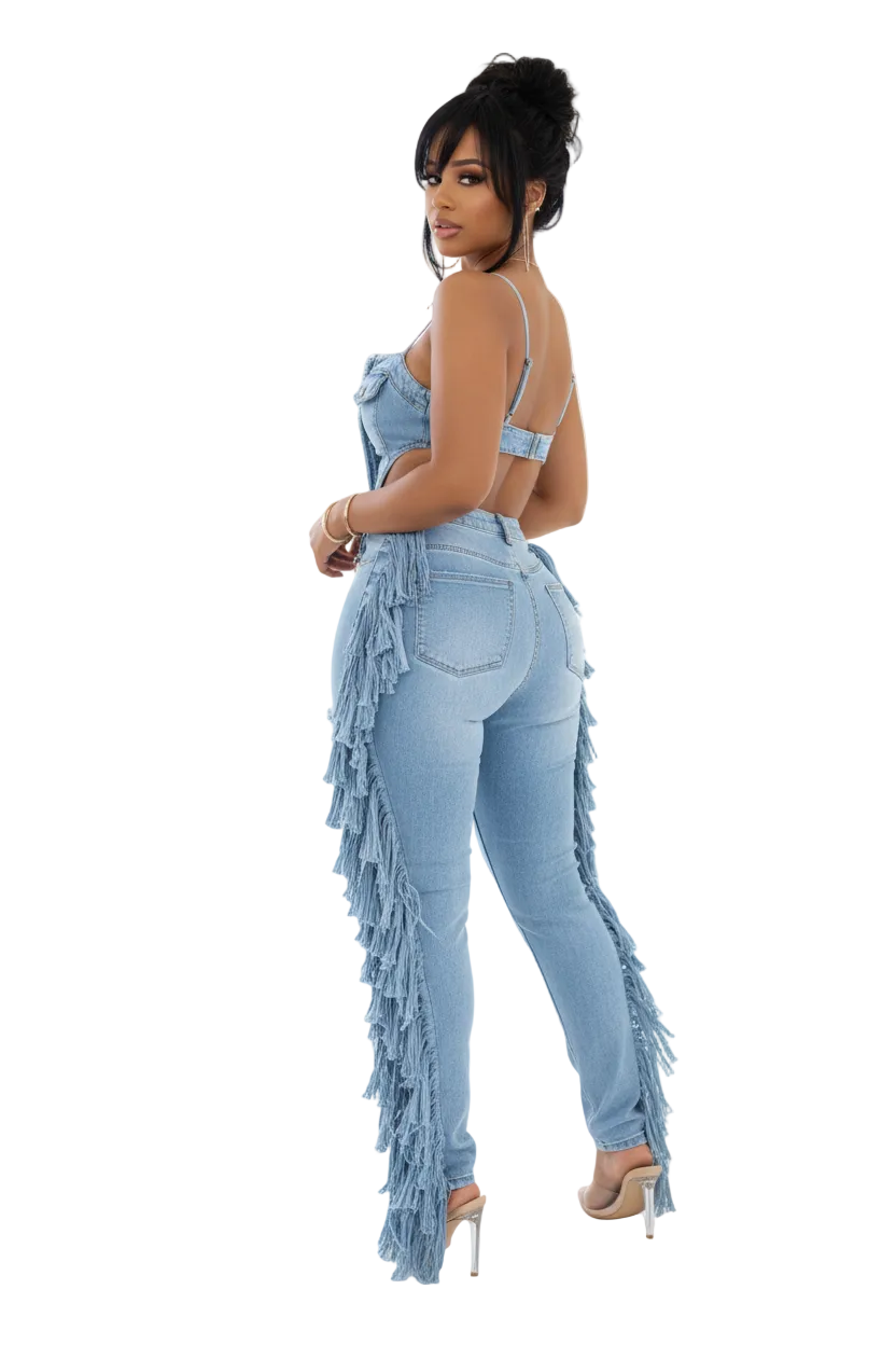 Denim Tassel Jumpsuit - Over the Shoulder