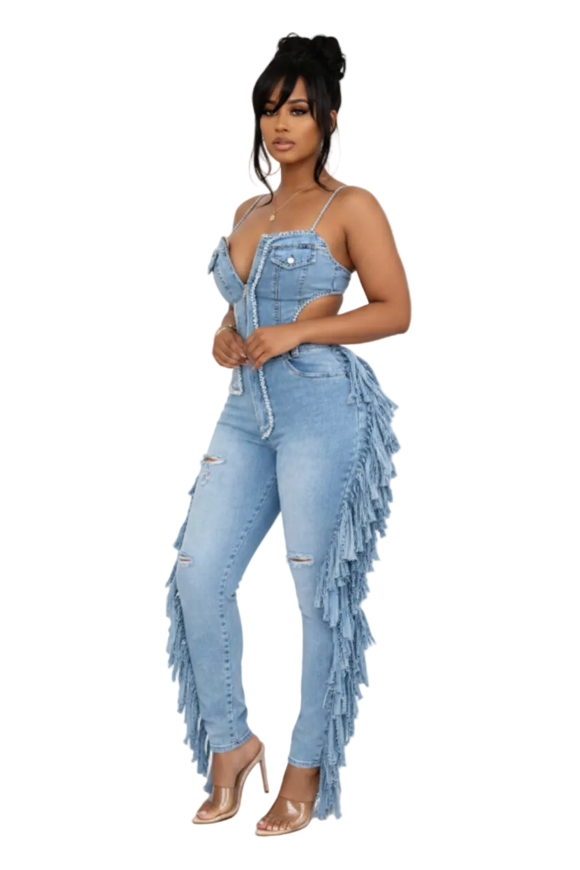 Denim Tassel Jumpsuit - Three Quarter Angle