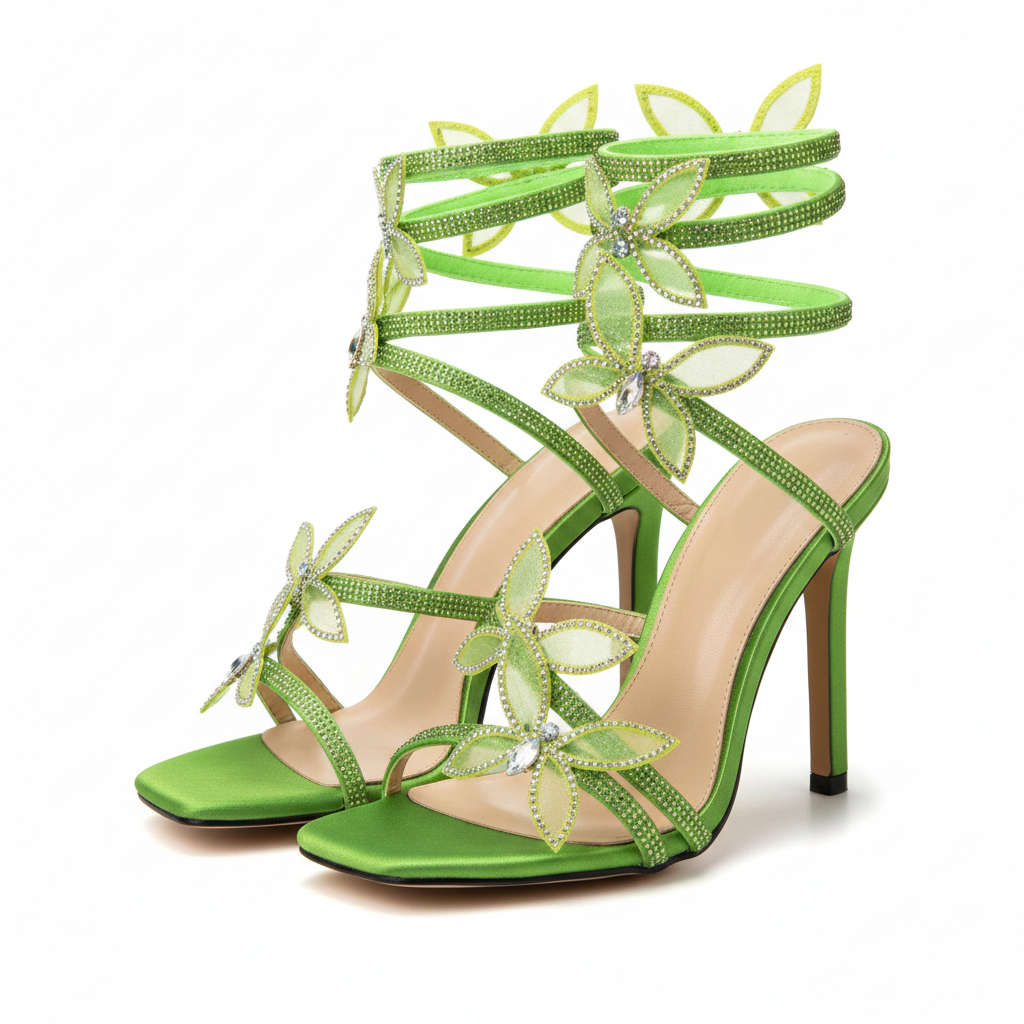 Green Crystal Butterfly-knot Stiletto Sandals - White Background