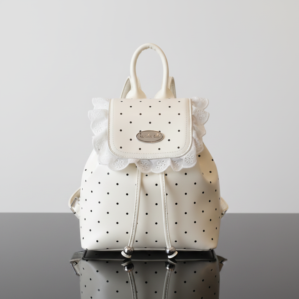 Polka Dot Lace Trim Backpack Bag front view on black glass
