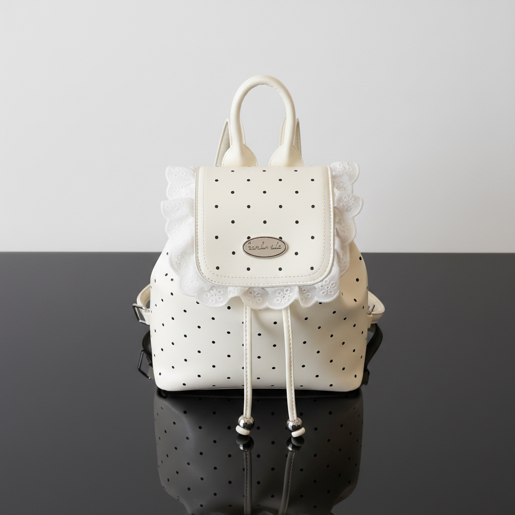 Polka Dot Lace Trim Backpack Bag overhead flat lay on black glass
