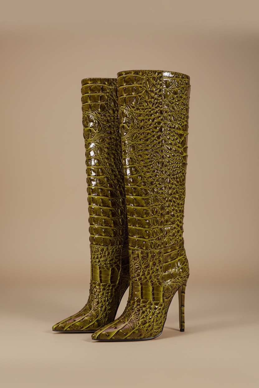 Khaki Green Croc Boot - Greige