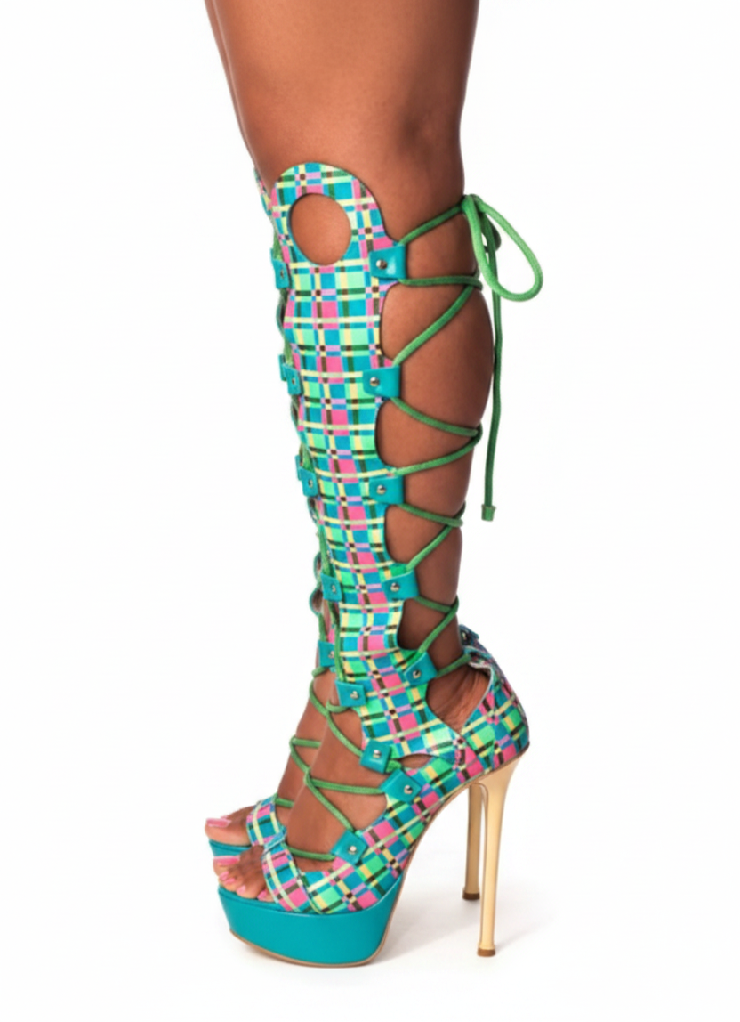 Multicolor Plaid Knee-High Boots Side View