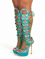 Multicolor Plaid Knee-High Lace-Up Stiletto Boots 3/4 Angle
