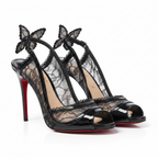 Noir Lace Butterfly Stiletto Sandals – 3/4 Angle