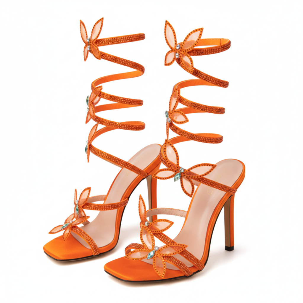 Orange Crystal Butterfly-knot Stiletto Sandals - White Background